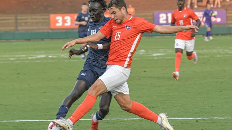 Georgia Southern midfielder Jeremiah Luoma, left, and Clemson defender Charlie Asensio reach for a ball during the first half at Historic Riggs Field at Clemson University on Tuesday, September 14, 2021. Clemson won 5-0.
Clemson Vs Ga Sou Mens Soccer