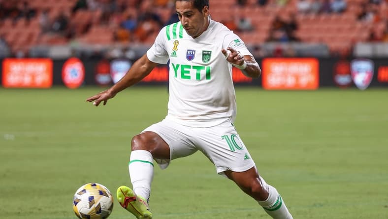 Sep 11, 2021; Houston, Texas, USA; Austin FC forward Cecilio Dominguez (10) in action against the Houston Dynamo FC at BBVA Stadium. Mandatory Credit: Troy Taormina-USA TODAY Sports