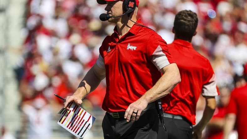 Sep 18, 2021; Norman, Oklahoma, USA; Nebraska Cornhuskers head coach Scott Frost looks on during the second quarter against the Oklahoma Sooners at Gaylord Family-Oklahoma Memorial Stadium. Mandatory Credit: Kevin Jairaj-USA TODAY Sports