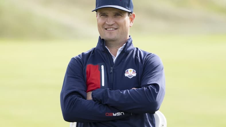 September 22, 2021; Haven, Wisconsin, USA; Team USA vice-captain Zach Johnson poses for a photo during a practice round for the 43rd Ryder Cup golf competition at Whistling Straits. Mandatory Credit: Kyle Terada-USA TODAY Sports