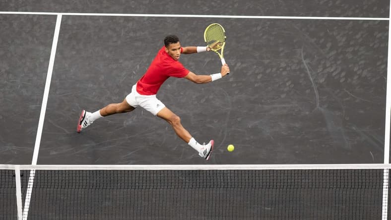 Sep 24, 2021; Boston, MA, USA; Felix Auger-Aliassime of Team Europe during the Laver Cup at TD Garden. Mandatory Credit: Richard Cashin-USA TODAY Sports