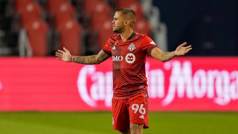 Sep 29, 2021; Toronto, Ontario, CAN; Toronto FC defender Auro (96) reacts to a call against FC Cincinnati at BMO Field. Mandatory Credit: Kevin Sousa-USA TODAY Sports