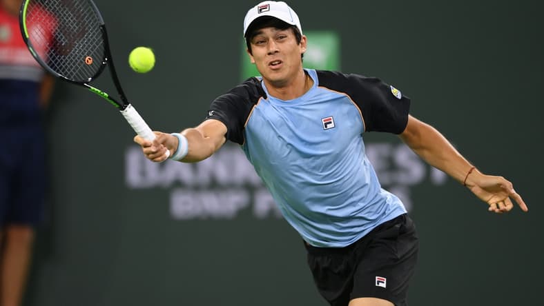 Oct 9, 2021; Indian Wells, CA, USA;  Mackenzie McDonald (USA) hits a shot during his second round match against Daniil Medvedev (RUS) in the BNP Paribas Open at the Indian Wells Tennis Garden. Mandatory Credit: Jayne Kamin-Oncea-USA TODAY Sports