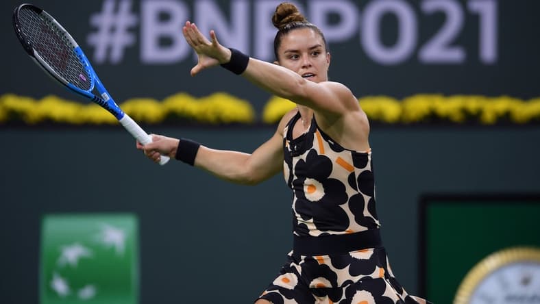Oct 9, 2021; Indian Wells, CA, USA; Maria Sakkari (GRE) hits a shot against Viktorija Golubic (SUI) at Indian Wells Tennis Garden. Mandatory Credit: Orlando Ramirez-USA TODAY Sports