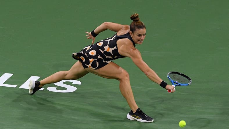 Oct 9, 2021; Indian Wells, CA, USA; Maria Sakkari (GRE) hits a shot against Viktorija Golubic (SUI) at Indian Wells Tennis Garden. Mandatory Credit: Orlando Ramirez-USA TODAY Sports