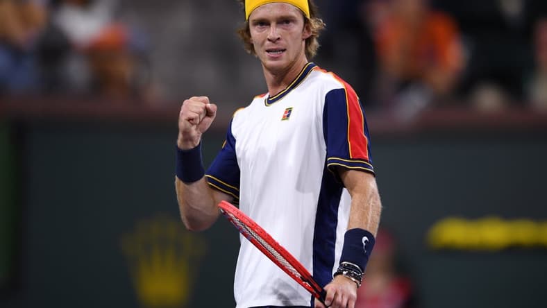 Oct 9, 2021; Indian Wells, CA, USA; Andrey Rublev (RUS) reacts after a point against Carlos Taberner (ESP) at Indian Wells Tennis Garden. Mandatory Credit: Orlando Ramirez-USA TODAY Sports