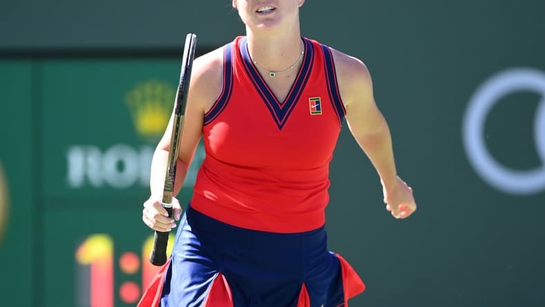 Oct 12, 2021; Indian Wells, CA, USA; Elina Svitolina (UKR) reacts missing a shot against Jessica Pegula (USA) during a fourth round match match in the BNP Paribas Open at the Indian Wells Tennis Garden. Mandatory Credit: Jayne Kamin-Oncea-USA TODAY Sports