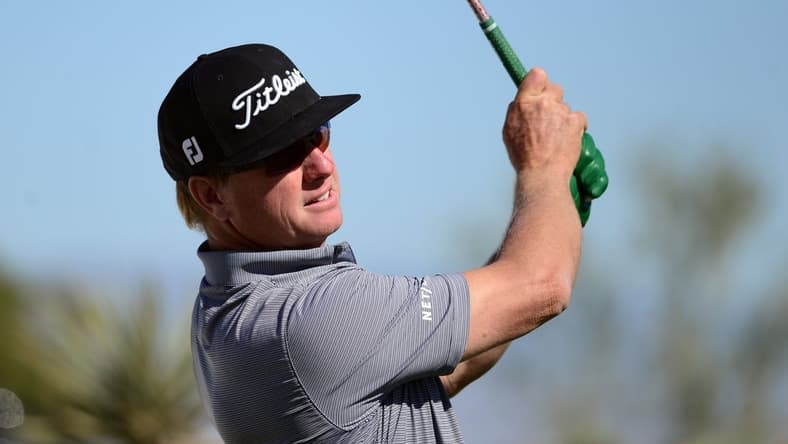 Oct 14, 2021; Las Vegas, Nevada, USA; Charley Hoffman tees off on the first during the first round of the CJ Cup golf tournament. Mandatory Credit: Joe Camporeale-USA TODAY Sports