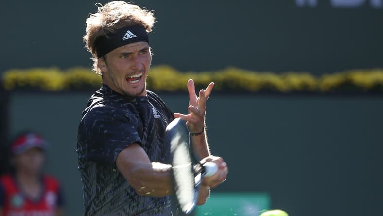Alexander Zverev hits a shot against Taylor Fritz during their quarterfinal match at the BNP Paribas Open in Indian Wells, October 15, 2021.

Bnp Friday 16
