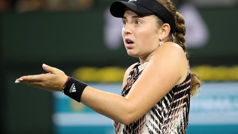Jelena Ostapenko reacts during her semifinal loss to Victoria Azarenka at the BNP Paribas in Indian Wells, Calif., on October 15, 2021.

Azarenka Vs Ostapenko Bnp Paribas2166