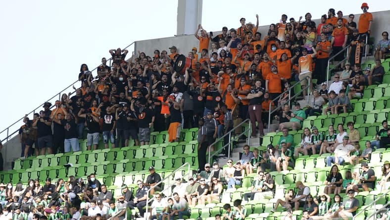 Oct 24, 2021; Austin, Texas, USA; Houston Dynamo FC fans show their support for their team before the game against Austin FC at Q2 Stadium. Mandatory Credit: Scott Wachter-USA TODAY Sports