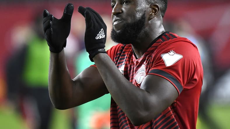 Oct 27, 2021; Toronto, Ontario, CAN;   Toronto FC forward Jozy Altidore (17) applauds supporters after a 2-2 draw with Philadelphia Union at BMO Field. Mandatory Credit: Dan Hamilton-USA TODAY Sports
