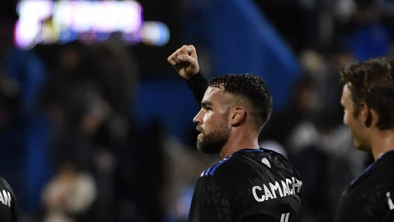 Nov 3, 2021; Montreal, Quebec, CAN; CF Montreal defender Rudy Camacho (4) celebrates the win against the Houston Dynamo FC at Stade Saputo. Mandatory Credit: Eric Bolte-USA TODAY Sports