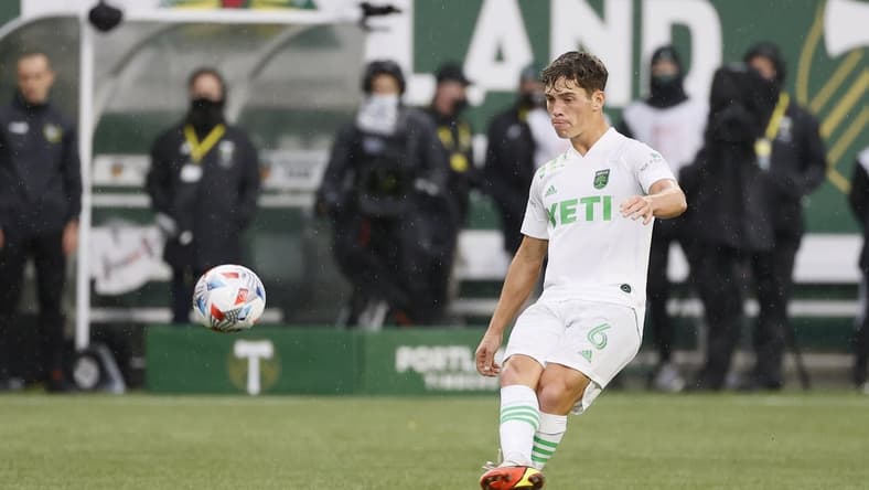 Nov 7, 2021; Portland, Oregon, USA; Austin FC midfielder Sebastian Berhalter (6) kicks the ball during the first half against the Portland Timbers at Providence Park. Mandatory Credit: Soobum Im-USA TODAY Sports
