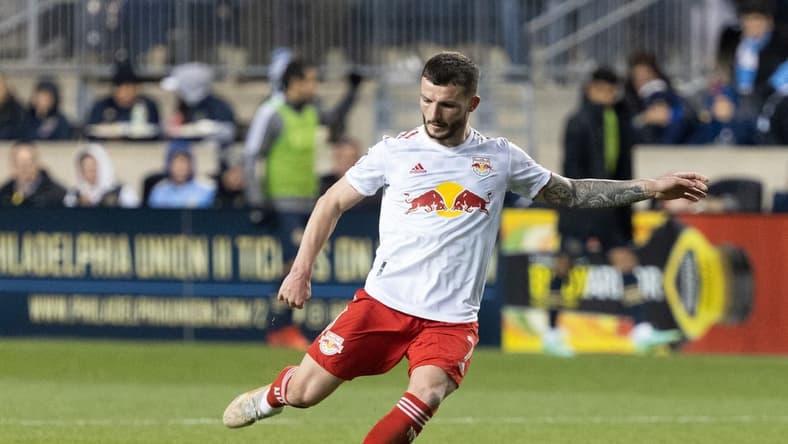 Nov 20, 2021; Chester, PA, USA; New York Red Bulls defender Tom Edwards (7) in action against the Philadelphia Union at Subaru Park. Mandatory Credit: Bill Streicher-USA TODAY Sports