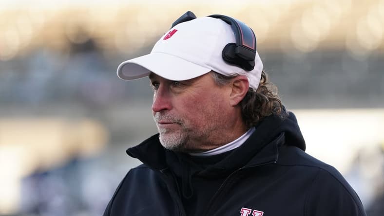 Nov 27, 2021; East Hartford, Connecticut, USA; Houston Cougars head coach Dana Holgorsen watches from the sideline as they take on the Connecticut Huskies in the second half at Rentschler Field at Pratt & Whitney Stadium. Mandatory Credit: David Butler II-USA TODAY Sports