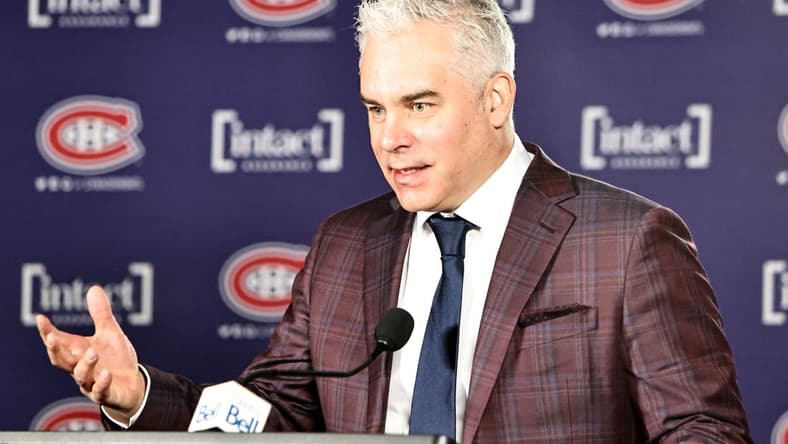 Nov 29, 2021; Montreal, Quebec, CAN; Montreal Canadiens head coach Dominique Ducharme during a press conference before the game against Vancouver Canucks at Bell Centre. Mandatory Credit: Jean-Yves Ahern-USA TODAY Sports