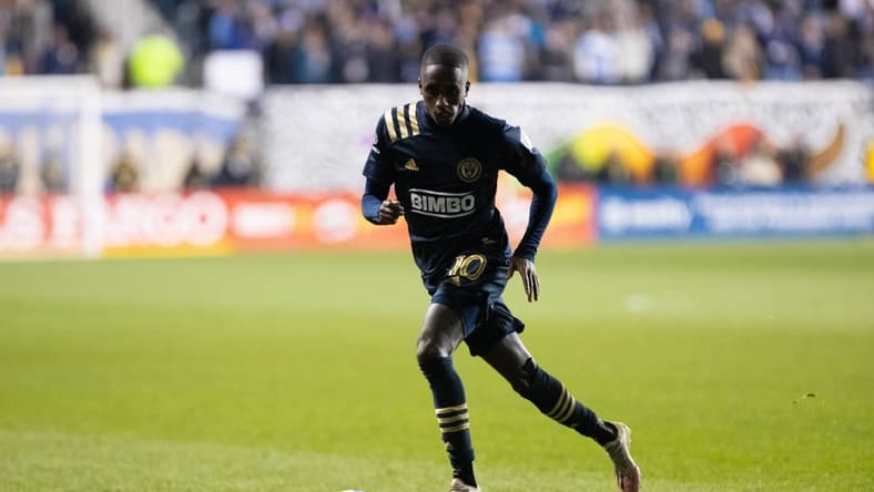 Nov 28, 2021; Philadelphia, Pennsylvania, USA; Philadelphia Union midfielder Jamiro Monteiro (10) plays against Nashville SC in the conference semifinals of the 2021 MLS playoffs at Subaru Park. Mandatory Credit: Bill Streicher-USA TODAY Sports