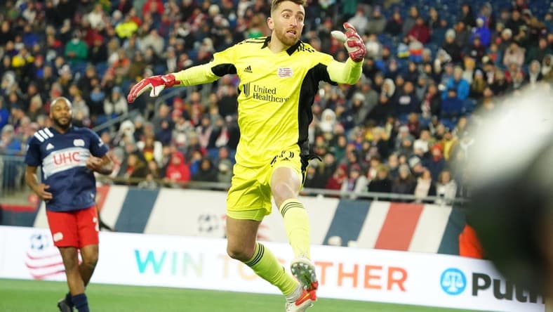 Nov 30, 2021; Foxborough, Massachusetts, USA; New England Revolution goalkeeper Matt Turner (30) defends the goal against New York City during the second half in the conference semifinals of the 2021 MLS playoffs at Gillette Stadium. Mandatory Credit: David Butler II-USA TODAY Sports