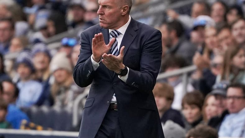 Nov 28, 2021; Kansas City, MO, USA; Sporting Kansas City head coach Peter Vermes  reacts to play against Real Salt Lake in the conference semifinals of the 2021 MLS playoffs at Children's Mercy Park. Mandatory Credit: Denny Medley-USA TODAY Sports