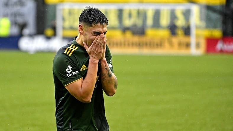 Dec 11, 2021; Portland, OR, USA; Portland Timbers forward Felipe Mora (9) celebrates scoring a goal during the second half against New York City FC  in the 2021 MLS Cup championship game at Providence Park. Mandatory Credit: Troy Wayrynen-USA TODAY Sports