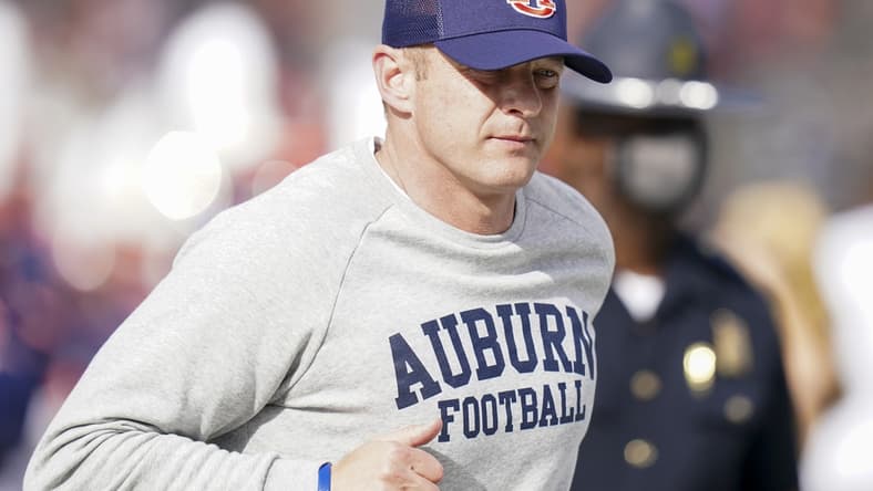 Dec 28, 2021; Birmingham, Alabama, USA; Auburn Tigers head coach Bryan Harsin during the first half of the 2021 Birmingham Bowl against Houston at Protective Stadium. Mandatory Credit: Marvin Gentry-USA TODAY Sports