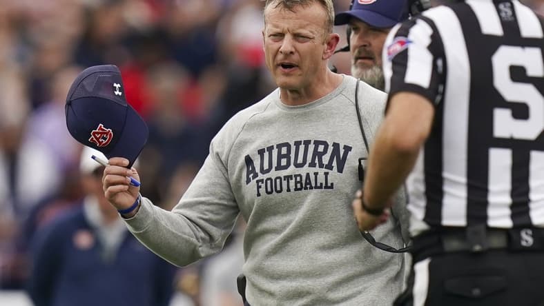 Dec 28, 2021; Birmingham, Alabama, USA; Auburn Tigers head coach Bryan Harsin during the second half against the Houston Cougars during 2021 Birmingham Bowl at Protective Stadium. Mandatory Credit: Marvin Gentry-USA TODAY Sports