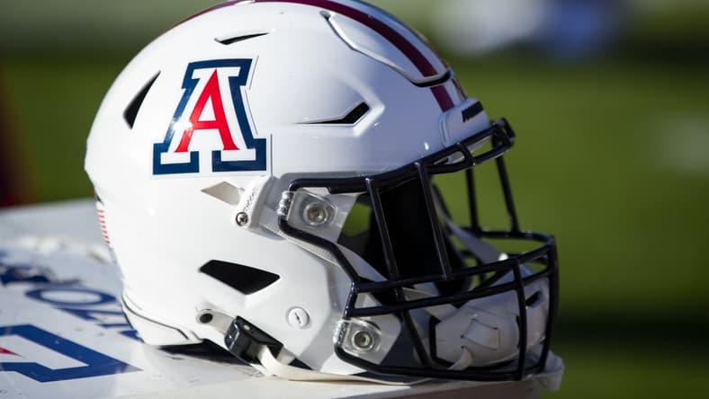 Nov 27, 2021; Tempe, Arizona, USA; Detailed view of an Arizona Wildcats helmet during the Territorial Cup at Sun Devil Stadium. Mandatory Credit: Mark J. Rebilas-USA TODAY Sports