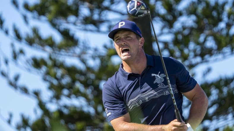 January 7, 2022; Maui, Hawaii, USA; Bryson DeChambeau hits his tee shot on the third hole during the second round of the Sentry Tournament of Champions golf tournament at Kapalua Resort - The Plantation Course. Mandatory Credit: Kyle Terada-USA TODAY Sports