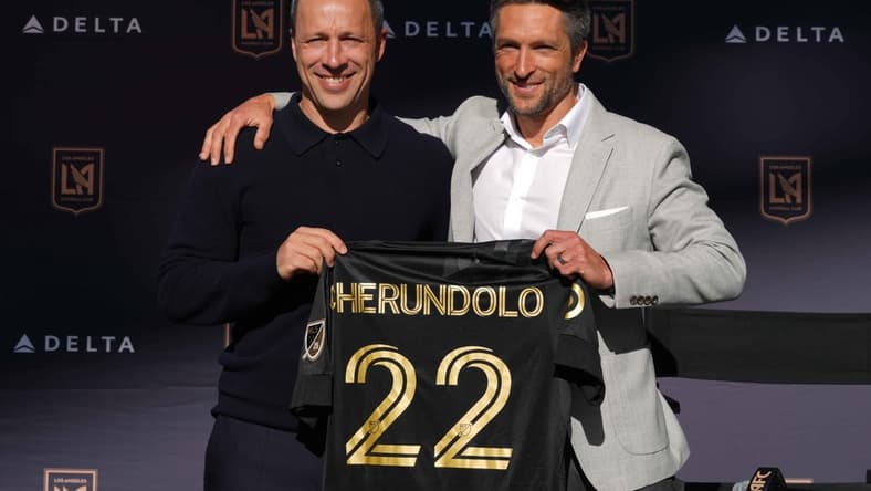 Jan 5, 2022; LA, CA, USA; Steve Cherundolo (left) poses with general manager John Thorington at press conference to announce Cherundolo's hiring as LAFC head coach at Banc of California Stadium. Mandatory Credit: Kirby Lee-USA TODAY Sports