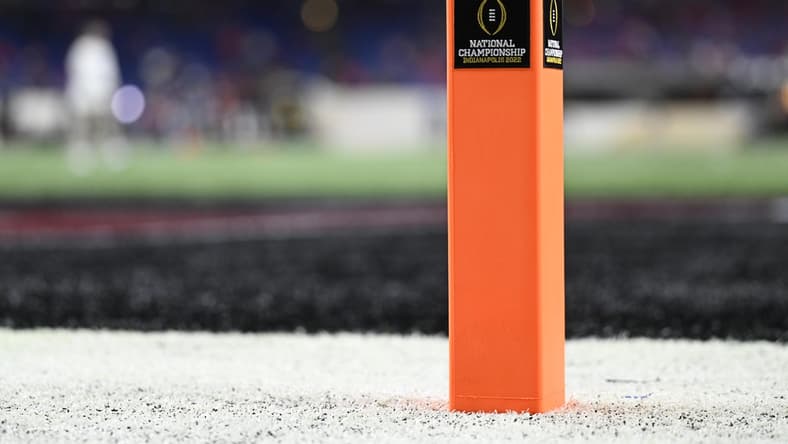 Jan 10, 2022; Indianapolis, IN, USA; A general view of the end zone pylon before the 2022 CFP college football national championship game between Georgia and Alabama at Lucas Oil Stadium. Mandatory Credit: Marc Lebryk-USA TODAY Sports
