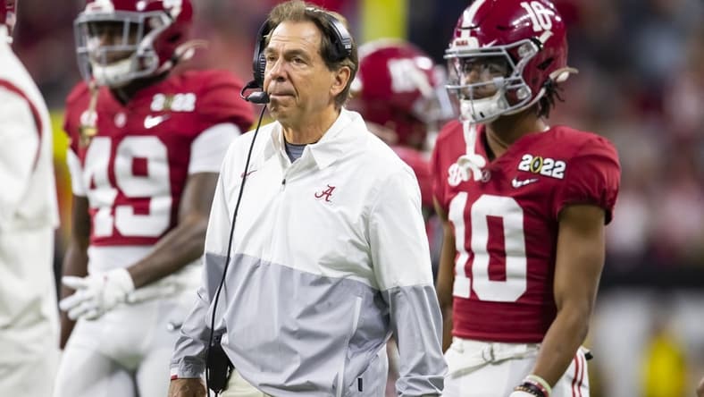 Jan 10, 2022; Indianapolis, IN, USA; Alabama Crimson Tide head coach Nick Saban against the Georgia Bulldogs in the 2022 CFP college football national championship game at Lucas Oil Stadium. Mandatory Credit: Mark J. Rebilas-USA TODAY Sports