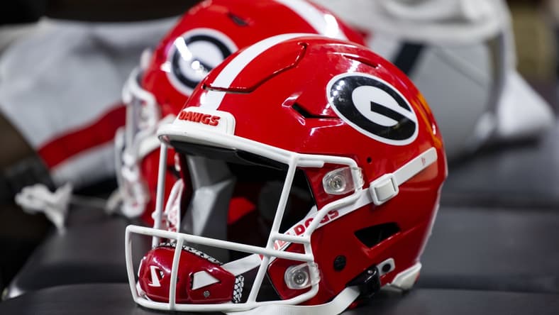 Jan 10, 2022; Indianapolis, IN, USA; Detailed view of a Georgia Bulldogs helmet in the 2022 CFP college football national championship game at Lucas Oil Stadium. Mandatory Credit: Mark J. Rebilas-USA TODAY Sports