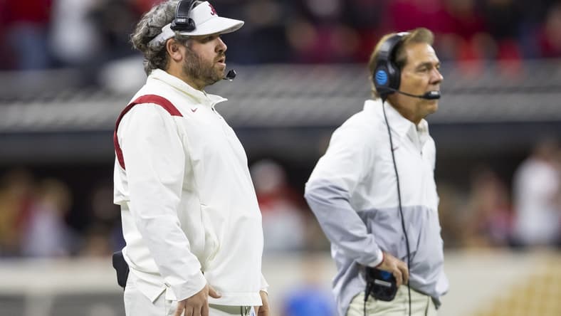 Jan 10, 2022; Indianapolis, IN, USA; Alabama Crimson Tide defensive coordinator Pete Golding (left) alongside head coach Nick Saban against the Georgia Bulldogs in the 2022 CFP college football national championship game at Lucas Oil Stadium. Mandatory Credit: Mark J. Rebilas-USA TODAY Sports