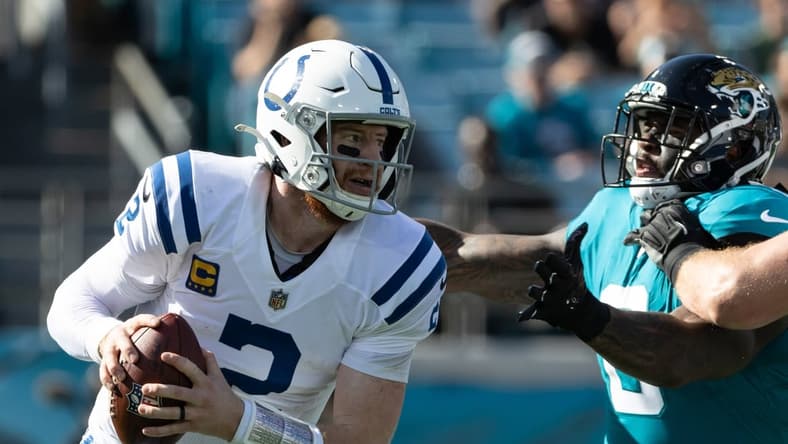 Jan 9, 2022; Jacksonville, Florida, USA; Indianapolis Colts quarterback Carson Wentz (2) during the first half against the Jacksonville Jaguars at TIAA Bank Field. Mandatory Credit: Matt Pendleton-USA TODAY Sports