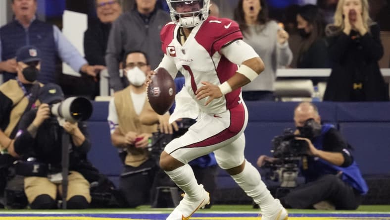 Jan 17, 2022; Los Angeles, California, USA; Arizona Cardinals quarterback Kyler Murray (1) scrambles out of the pocket against the Los Angeles Rams during the second quarter of the NFC Wild Card playoff game.
Nfc Wild Card Playoff Cardinals Vs Rams