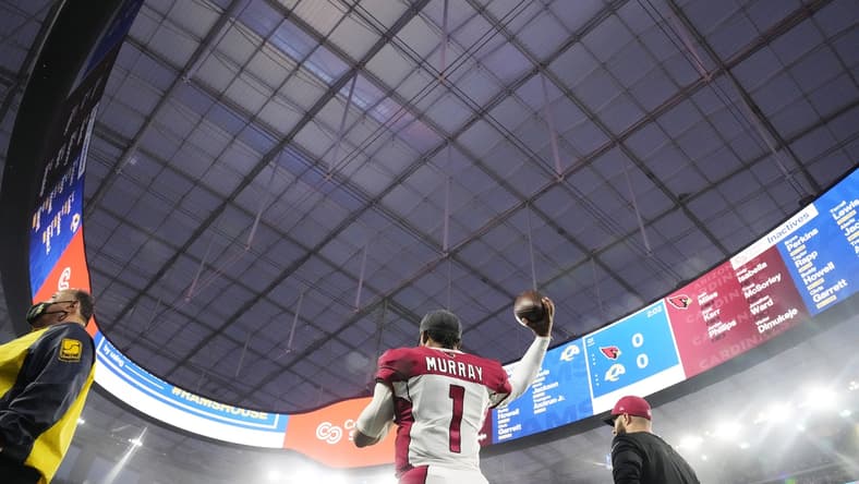 Jan 17, 2022; Los Angeles, California, USA;  Arizona Cardinals quarterback Kyler Murray (1) warms up before playing against the Los Angeles Rams in the NFC Wild Card playoff game.

Nfc Wild Card Playoff Cardinals Vs Rams
