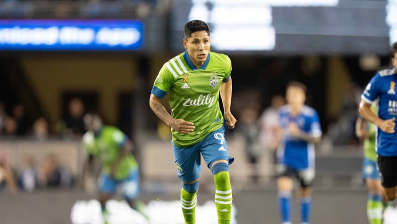 September 29, 2021; San Jose, California, USA; Seattle Sounders forward Raul Ruidiaz (9) during the first half against the San Jose Earthquakes at PayPal Park. Mandatory Credit: Kyle Terada-USA TODAY Sports