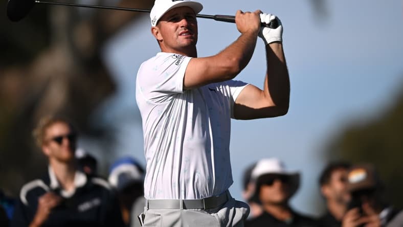 Jan 27, 2022; San Diego, California, USA; Bryson DeChambeau plays his shot from the ninth tee during the first round of the Farmers Insurance Open golf tournament at Torrey Pines Municipal Golf Course - North Course. Mandatory Credit: Orlando Ramirez-USA TODAY Sports