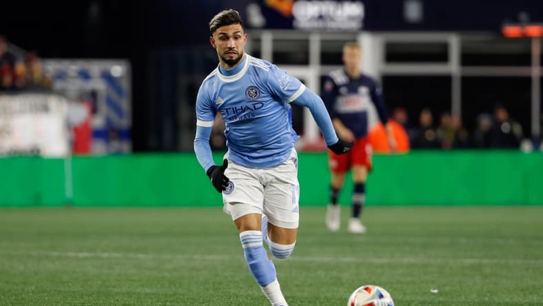 Nov 30, 2021; Foxborough, MA, USA; New York City FC midfielder Valentin Castellanos (11) in the conference semifinals of the 2021 MLS playoffs against the New England Revolution at Gillette Stadium. Mandatory Credit: Winslow Townson-USA TODAY Sports