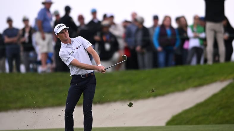 Jan 29, 2022; San Diego, California, USA; Will Zalatoris plays his second shot on the second hole during the final round of the Farmers Insurance Open golf tournament at Torrey Pines Municipal Golf Course - South Course. Mandatory Credit: Orlando Ramirez-USA TODAY Sports