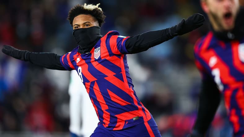 Feb 2, 2022; St. Paul, Minnesota, USA; United States midfielder Weston McKennie (8) reacts after scoring against Honduras during a CONCACAF FIFA World Cup Qualifier soccer match at Allianz Field. Mandatory Credit: Harrison Barden-USA TODAY Sports