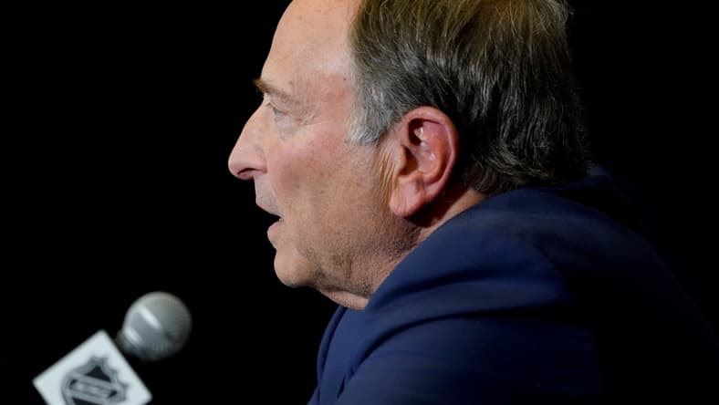 Feb 4, 2022; Las Vegas, Nevada, USA; NHL commissioner Gary Bettman speaks with media prior to the 2022 NHL All-Star Game Skills Competition at T-Mobile Arena. Mandatory Credit: Lucas Peltier-USA TODAY Sports