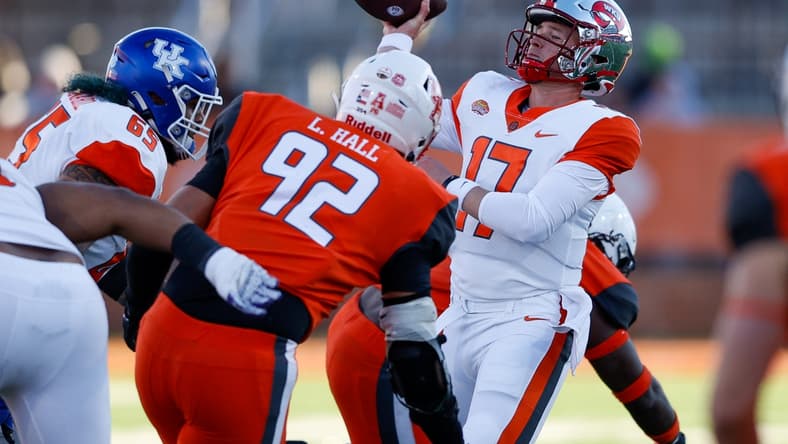 Feb 5, 2022; Mobile, AL, USA; American squad quarterback Bailey Zappe of Western Kentucky (17) throws a pass in the second half against the National squad at Hancock Whitney Stadium. Mandatory Credit: Nathan Ray Seebeck-USA TODAY Sports