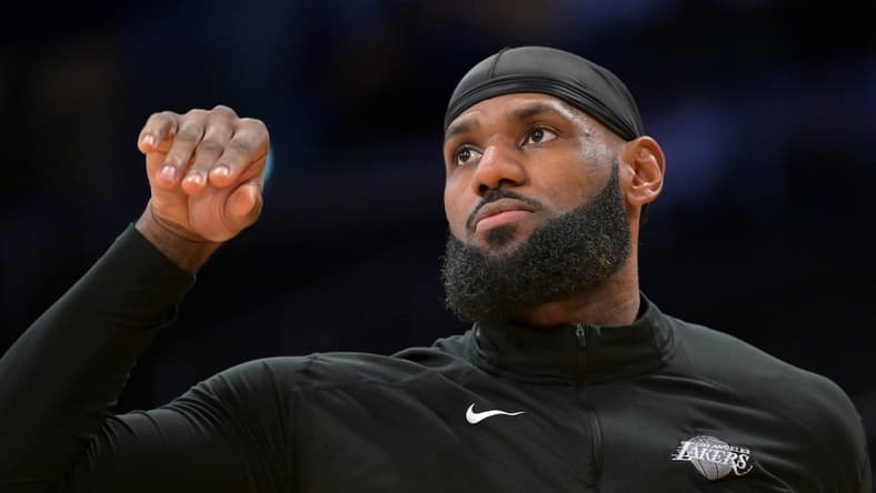 Feb 5, 2022; Los Angeles, California, USA; Los Angeles Lakers forward LeBron James (6) as he warms up before the game against the New York Knicks at Crypto.com Arena. Mandatory Credit: Jayne Kamin-Oncea-USA TODAY Sports