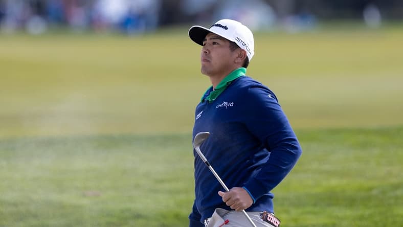 Feb 5, 2022; Pebble Beach, California, USA; Kurt Kitayama plays a shot from the bunker on the 5th hole during the third round of the AT&T Pebble Beach Pro-Am golf tournament at Monterey Peninsula Country Club - Shore Course. Mandatory Credit: Bill Streicher-USA TODAY Sports