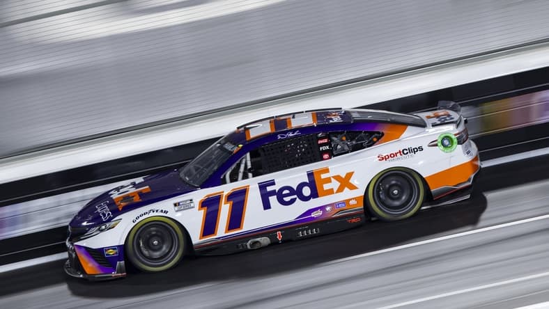 Feb 5, 2022; Los Angeles, California, USA; NASCAR Cup Series driver Denny Hamlin (11) during qualifying for the Busch Light Clash at The Coliseum at Los Angeles Memorial Coliseum. Mandatory Credit: Mark J. Rebilas-USA TODAY Sports