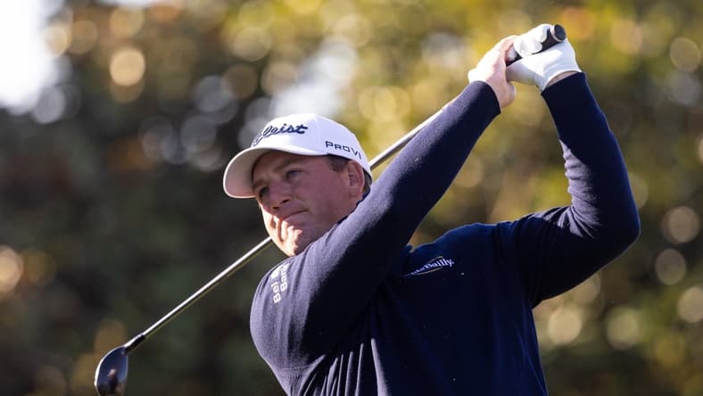 Feb 6, 2022; Pebble Beach, California, USA; Tom Hoge plays his shot from the first tee during the final round of the AT&T Pebble Beach Pro-Am golf tournament at Pebble Beach Golf Links. Mandatory Credit: Bill Streicher-USA TODAY Sports