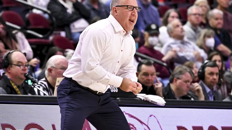 Feb 8, 2022; College Station, Texas, USA; Texas A&M Aggies head coach Buzz Williams reacts during the second half against the LSU Tigers at Reed Arena. Mandatory Credit: Maria Lysaker-USA TODAY Sports