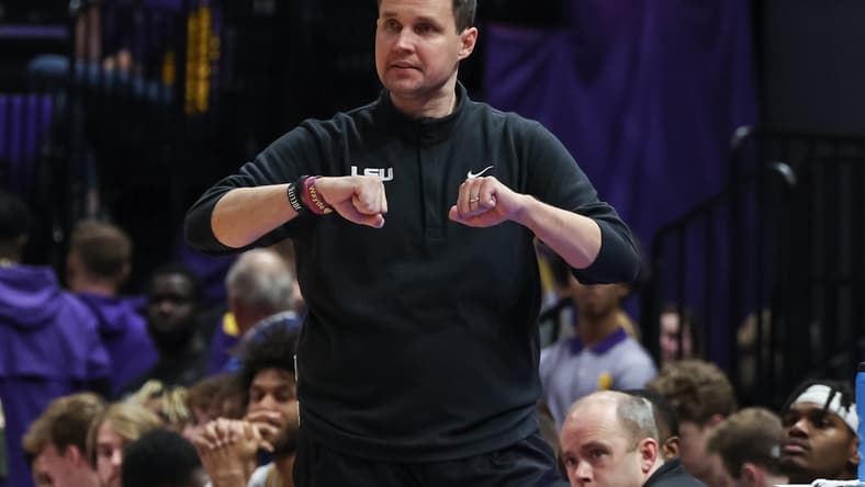 Feb 12, 2022; Baton Rouge, Louisiana, USA; LSU Tigers coach Will Wade calls in a play from the bench against the Mississippi State Bulldogs during the second half at the Pete Maravich Assembly Center. Mandatory Credit: Stephen Lew-USA TODAY Sports